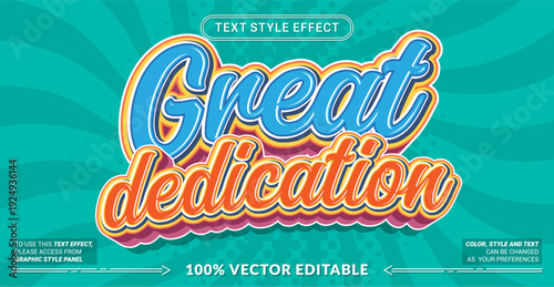 Editable text effect vector “Great Dedication” features bold strong 3D lettering with motivational energy, perfect for achievement themes, awards, sports, and inspirational designs.