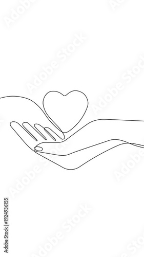 Animated self drawing of continuous line draw of hands holding heart. Concept of love relationship and volunteer organization.4k