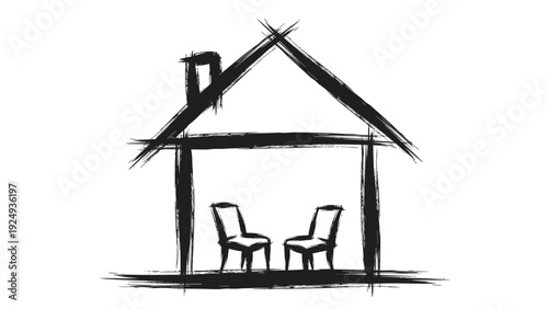 Grungy black ink sketch of a simple house containing two chairs symbolizing home, conversation, and personal space.
