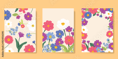 Spring Floral invitation card background vector. Minimal hand drawn botanical flowers template background. Design illustration for wedding, vip cover, poster, rsvp modern card, birthday party.