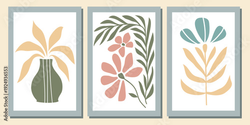 A trendy aesthetic poster featuring unique abstract floral shapes, complete with flowers and leaves. Simple, irregular wild plants. A funky, naive print for wall art and interior decoration.