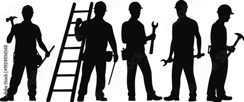 Construction worker silhouette set, builders with tools hammer wrench ladder isolated vector illustration on white background for industry