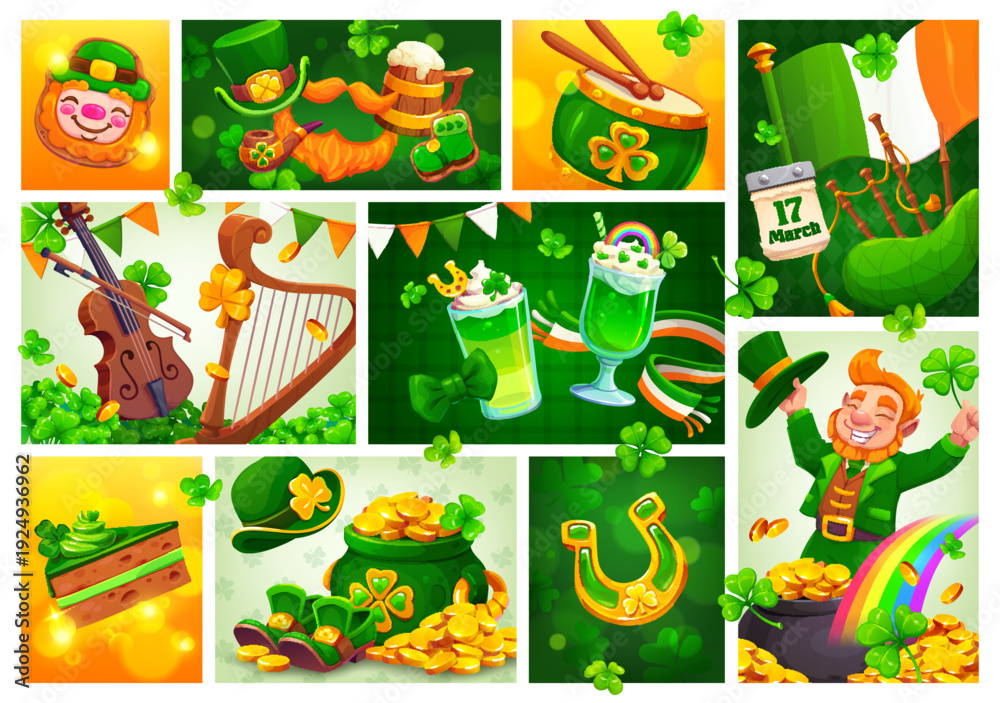Naklejka premium Happy St Patrick's day irish holiday collage or flyers. Irish celebration vector greeting card, Ireland St Patrick day collage flyer with music instruments, beer, leprechaun hat and shoes, gold in pot
