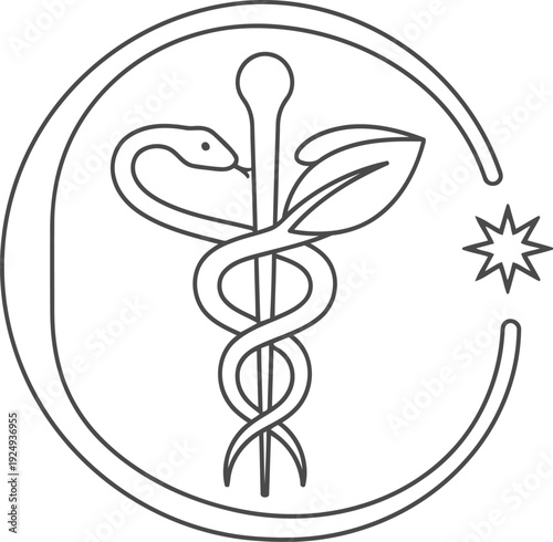 Symbol of medicine featuring caduceus and atom within a circular outline
