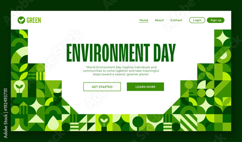 Environment day landing page with geometric Bauhaus pattern. Planet nature protection initiative vector website, environment day webpage. Ecology save campaign landing page with Bauhaus green shapes