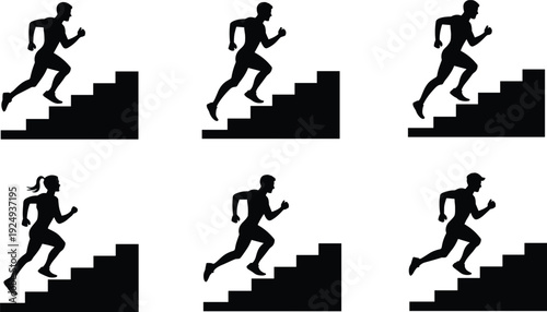 Silhouette illustration of people running upstairs on staircases in dynamic poses for fitness, exercise, determination, progress, and motivational design themes