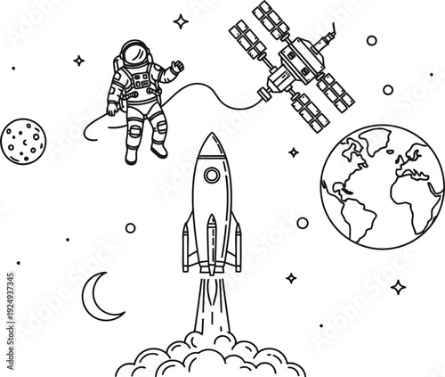Astronauts and rockets exploring space with earth and celestial bodies in the background