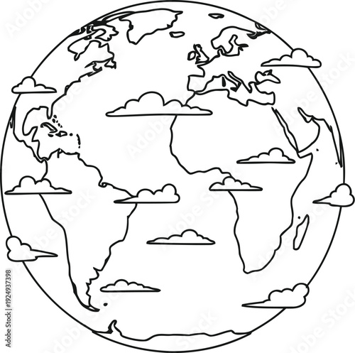 A stylized black and white illustration of the world map with latitude and longitude lines