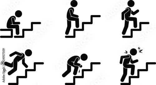 Student climbing stairs with backpack icon set representing education progress, academic growth, effort and learning journey isolated on white background