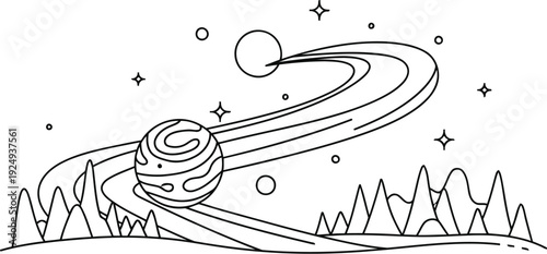 Whimsical rocket launching over mountainous landscape with stars