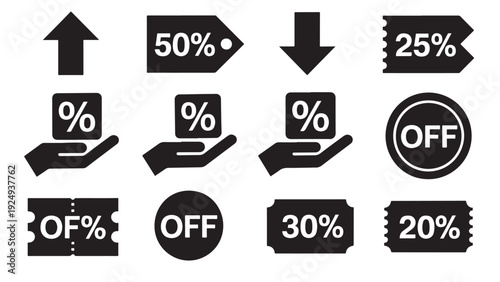 Discount and percentage icons for retail promotions.