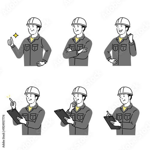ミドルの建設作業員ポーズセット ヘルメットと作業着の男性 現場確認 指差し説明 安全管理イラスト