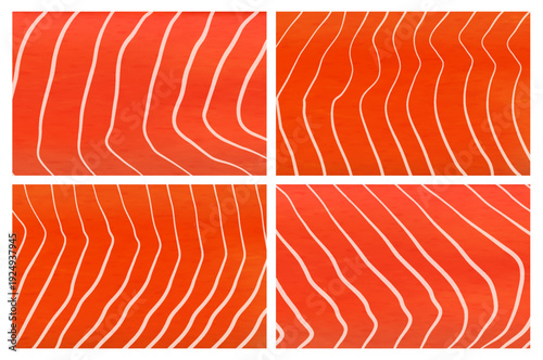 Realistic salmon fish meat texture backgrounds, vector food, japanese sushi and seafood. Red meat of fresh salmon steak, tuna or trout fillet abstract backgrounds with line pattern of raw fish flesh