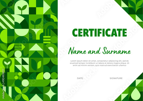 Ecology business certificate with geometric Bauhaus pattern. Environment sustainability vector diploma with Bauhaus green shapes, ecology saving award document. Nature protection official letter