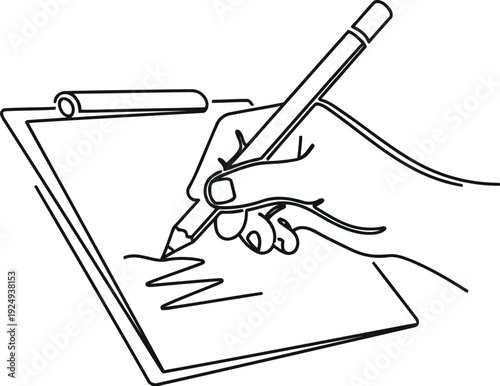 A hand holding a pen writing on a notepad with a clipboard