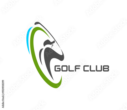 Golf club tournament or competition graphic icon. Golf club graphic vector symbol, sport tournament icon. Game league sign or emblem with golder swinging club, blue and green ring