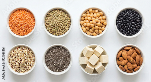 Flat lay grid of various plant-based protein food sources on a white background