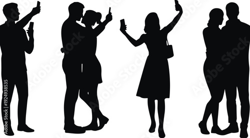 Couple taking selfie silhouette set, people using smartphone for social media photo isolated vector illustration on white background