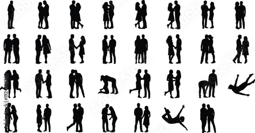 Collection of romantic couple silhouettes in love poses, man woman hugging kissing dancing holding hands jumping carrying, vector illustration valentine wedding set.