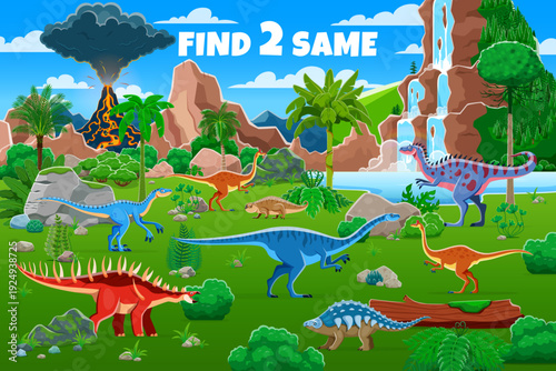 Find two same prehistoric dinosaur characters, kids game worksheet. Vector puzzle quiz of cartoon dino animals at jungle landscape background. Search identical dinosaurs kids riddle game worksheet