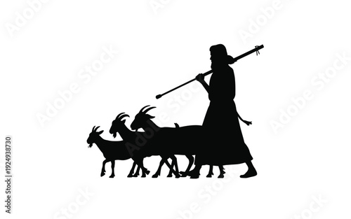 Silhouette of person guiding three goats with a long stick isolated on white background, Vector, illustration