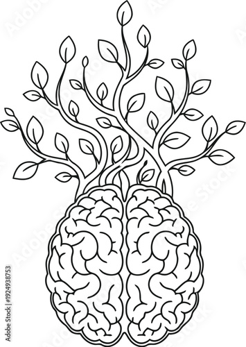 Intricate line drawing of a brain with sprouting plant tendrils.
