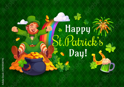 Happy St Patrick's day greeting card. Spring party vector flyer, Ireland holiday poster. Saint Patrick banner with leprechaun character sitting on coins, horseshoe, beer or ale, shamrock clover