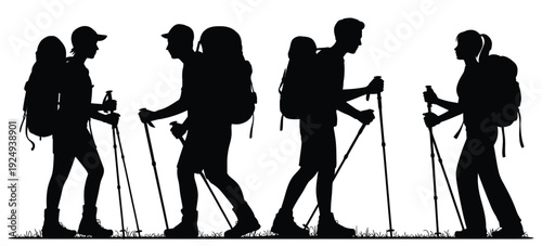 Group of hikers using trekking poles on a mountainous trail together isolated on white background, Vector, illustration
