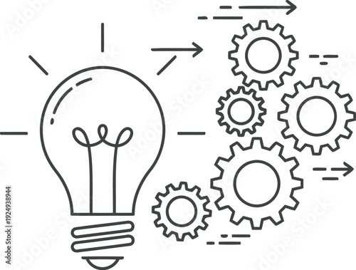 Innovation through interconnected gears and a light bulb symbolizing ideas
