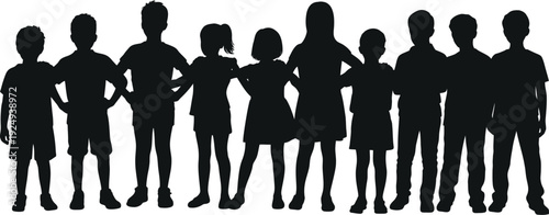 Group of diverse silhouetted children standing together in a line isolated on white background, Vector, illustration