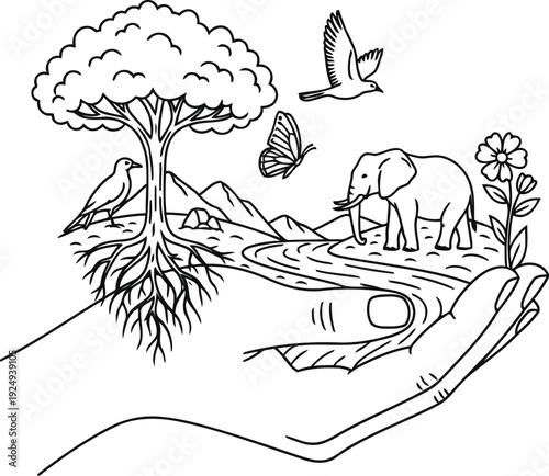 Whimsical scene of a rabbit relaxing under a tree in a garden setting with a winding path