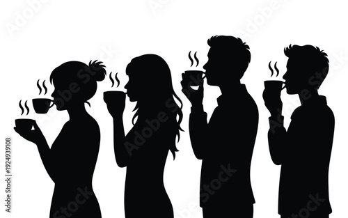 Four individuals enjoying drinks together in a casual gathering setting isolated on white background, Vector, illustration