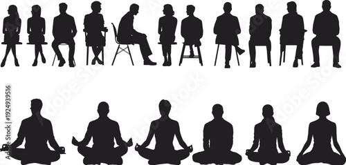 Contrast between standing and meditative human silhouettes in a minimalist setting isolated on white background, Vector, illustration