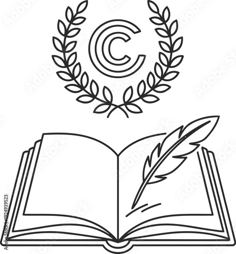 An open book with a quill pen symbolizing knowledge, creativity, and copyright.