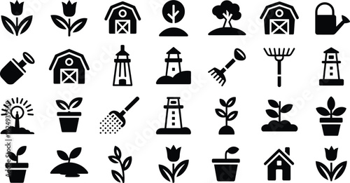 Farm and gardening icon set, agriculture barn lighthouse plants watering can rake vector isolated on white background