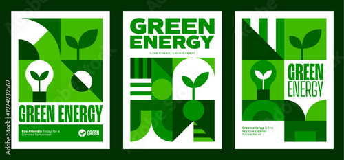 Environment green energy poster with ecology geometric Bauhaus pattern. Environment and ecology vector flyers. Clean electricity and green energy company poster with Bauhaus lightbulb and plant shapes