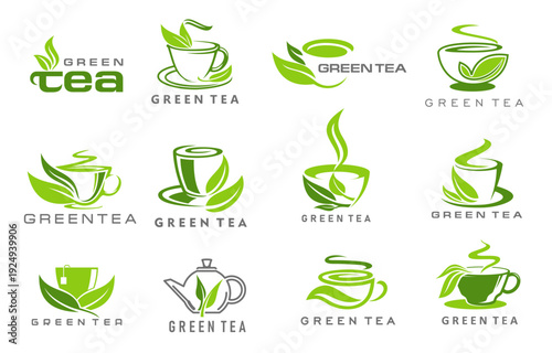 Green herbal tea icons with cups and leaves. Vector outline labels for cafe or shop with mugs, teapot and steam swirls of organic natural hot beverages, aroma herbs and green leaves, herbal tea signs