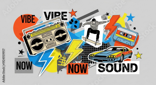 Retro 80s 90s nostalgic collage with boombox skateboarder car and cassette player vibrant colors and dynamic graphics