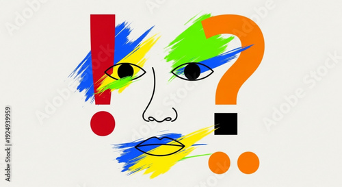 Vibrant face with question mark and exclamation point in colorful abstract art style expressing confusion or surprise