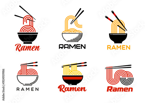 Ramen noodles icons of chinese and japanese food bowls. Vector asian cuisine pasta soup dish isolated minimal symbols set of chopsticks, noodles, bowls silhouettes. Ramen restaurant menu or shop signs