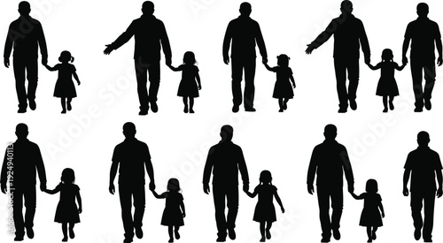 Father daughter silhouettes holding hands walking together, dad girl family bonding poses various directions view, vector illustration parent child love set.