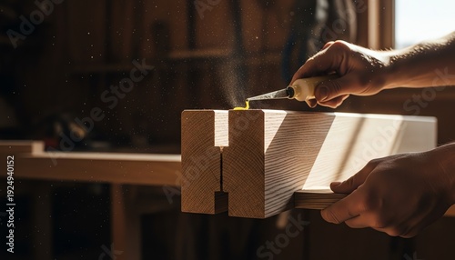 Professional carpenter aligning dovetail joint on oak beam in sunlit workshop with precision and glue detail