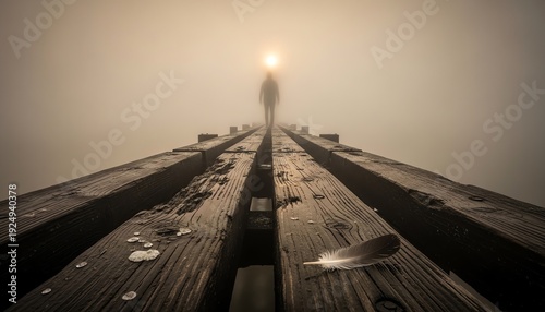 Spectral silhouette on rotted wooden pier in thick sea fog with distant lighthouse beam and wet feather detail