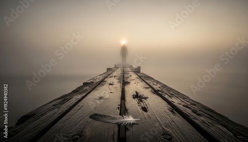 Spectral silhouette on rotted wooden pier in thick sea fog with distant lighthouse beam and wet feather detail