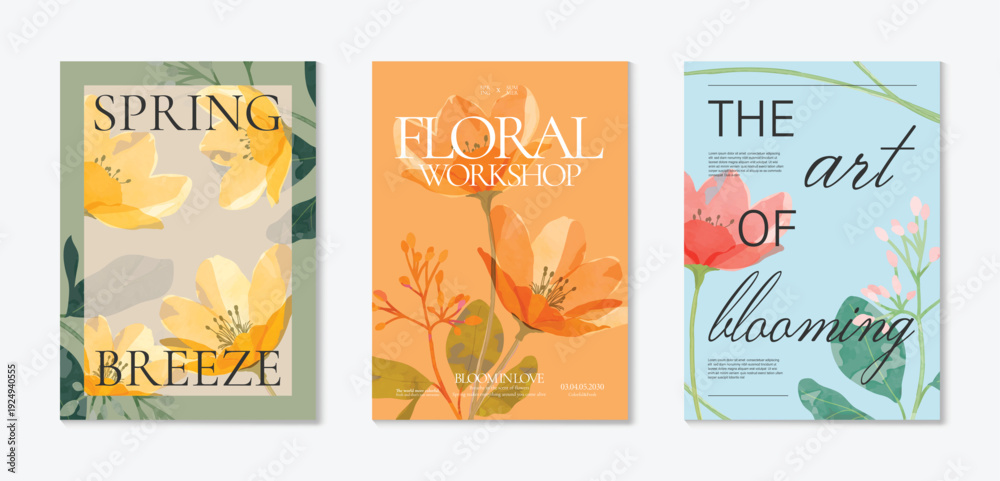 Fototapeta premium watercolor Spring Floral invitation card vector. Hand drawn botanical flowers template background. Design illustration for wedding, vip cover, poster, rsvp modern card, birthday party.