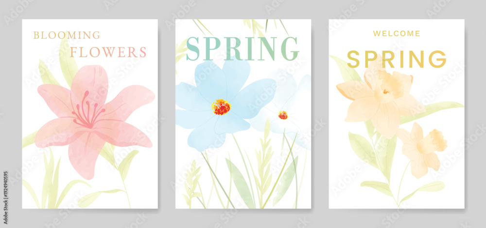 Fototapeta premium watercolor Spring Floral invitation card vector. Hand drawn botanical flowers template background. Design illustration for wedding, vip cover, poster, rsvp modern card, birthday party.