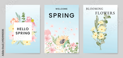 watercolor Spring Floral invitation card vector. Hand drawn botanical flowers template background. Design illustration for wedding, vip cover, poster, rsvp modern card, birthday party.