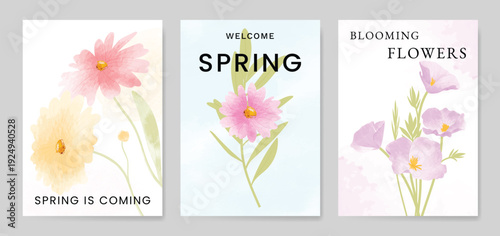 watercolor Spring Floral invitation card vector. Hand drawn botanical flowers template background. Design illustration for wedding, vip cover, poster, rsvp modern card, birthday party.