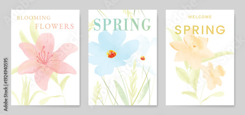watercolor Spring Floral invitation card vector. Hand drawn botanical flowers template background. Design illustration for wedding, vip cover, poster, rsvp modern card, birthday party.