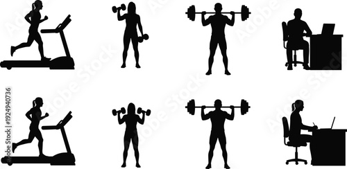 Fitness silhouettes men women workout gym, treadmill running dumbbell lifting barbell squat office desk work exercise poses, vector illustration health lifestyle set.